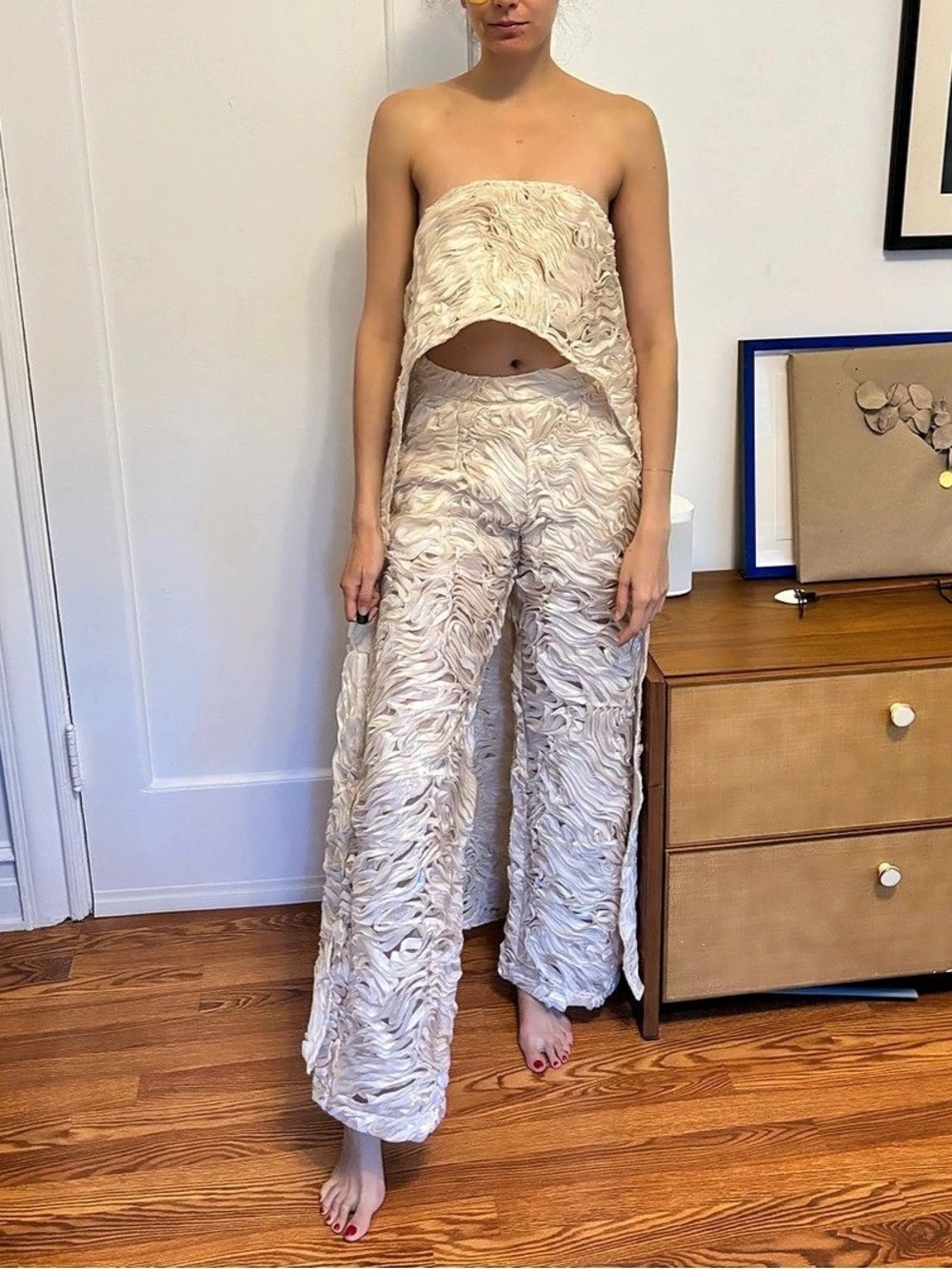 Akira Abstract Wide-Leg Jumpsuit in Cream Size Small